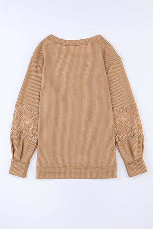 Apricot Lace Waffle Patchwork Strappy V Neck Long Sleeve Top-7