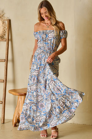 Blue Boho Paisley Print Off Shoulder Maxi Dress-6