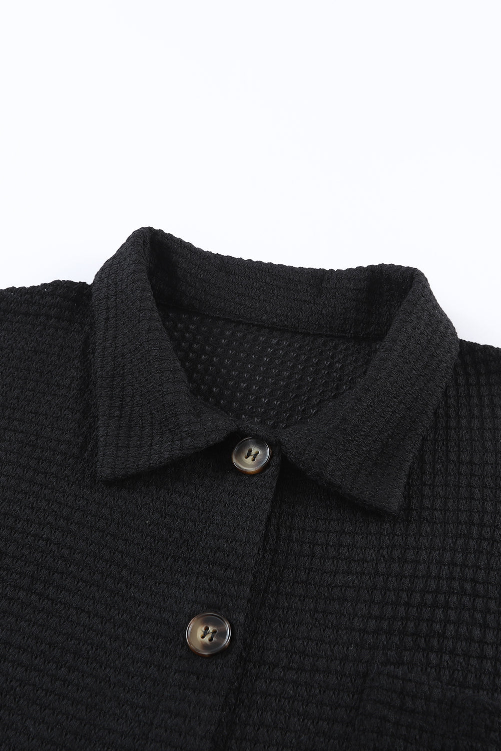 Black Waffle Knit Button Up Casual Shirt-8