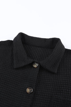Black Waffle Knit Button Up Casual Shirt-8
