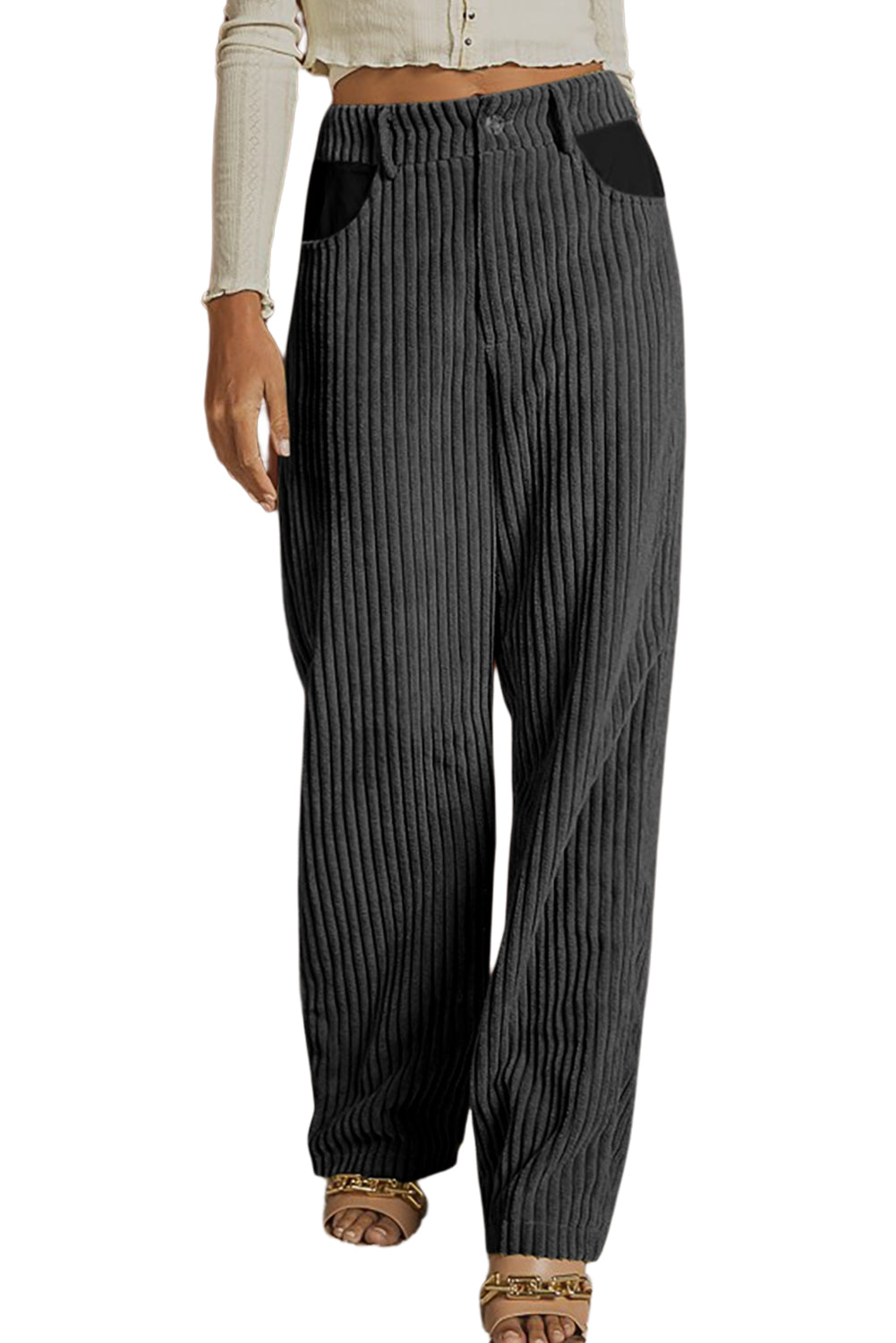 Gray Contrast Patched Pocket Corduroy Wide Leg Pants-4