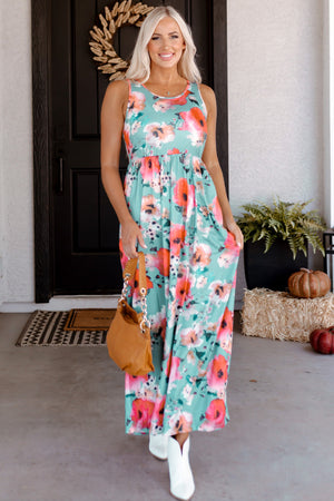 Sky Blue Boho Print Sleeveless High Waist Long Floral Dress-2