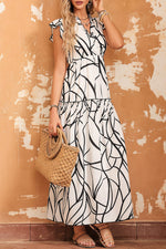 White Abstract Vein Print V Neck Ruffle Maxi Dress-9