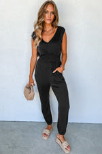 Black Shirred High Waist Sleeveless V Neck Jumpsuit-2