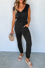 Black Shirred High Waist Sleeveless V Neck Jumpsuit-0