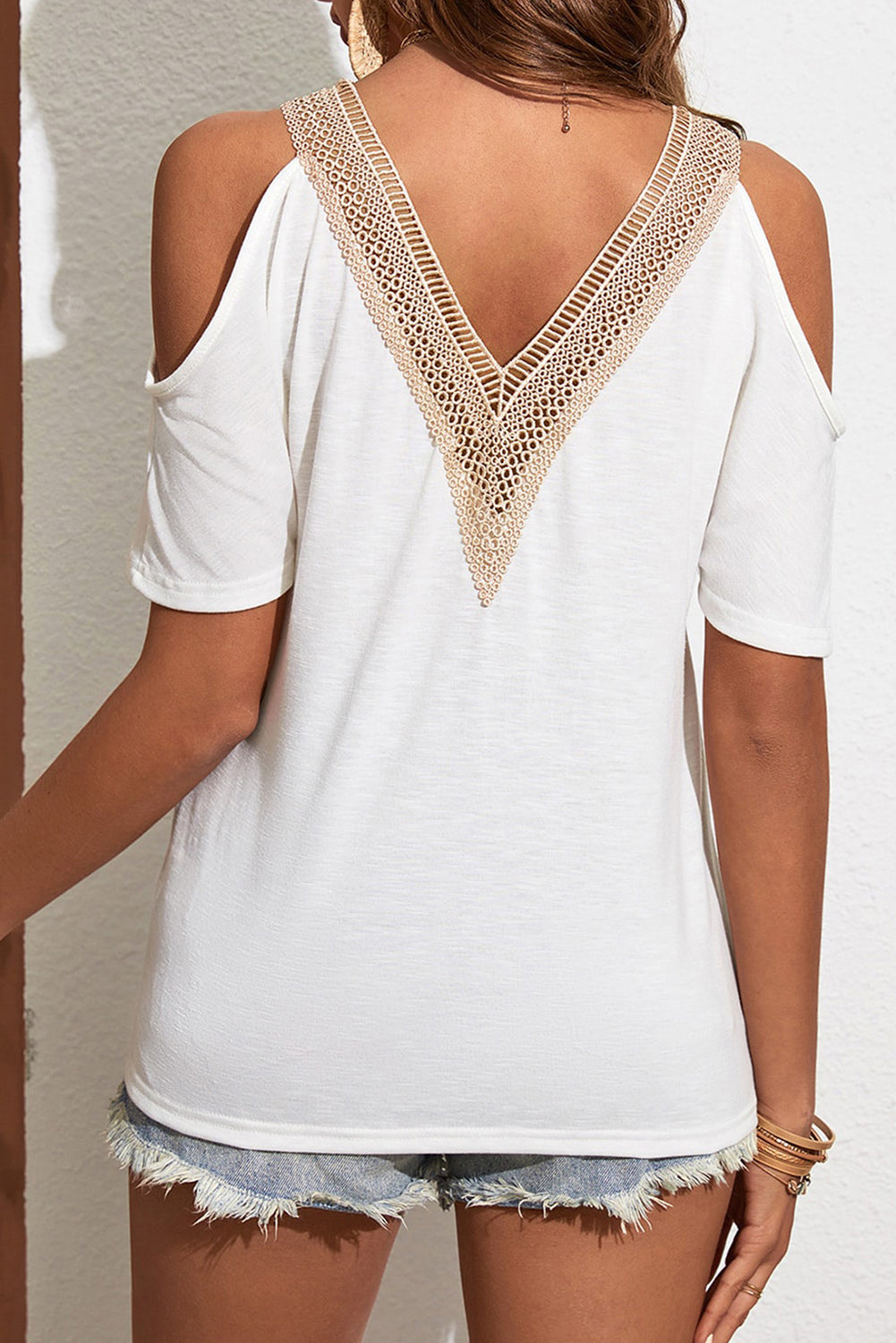 White Contrast Guipure Lace Cold Shoulder Tee-1
