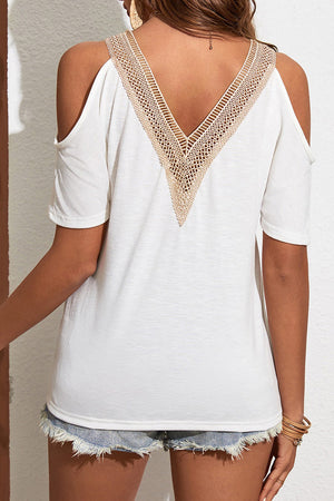 White Contrast Guipure Lace Cold Shoulder Tee-1