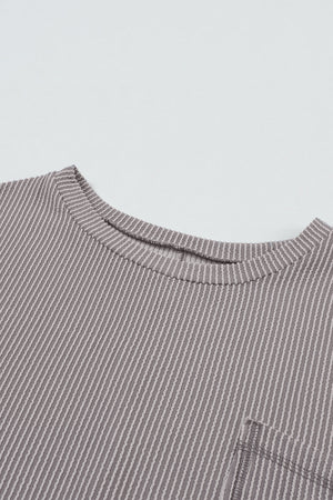 Gray Ribbed Roll-tab Sleeve Chest Pocket Oversize Top-9