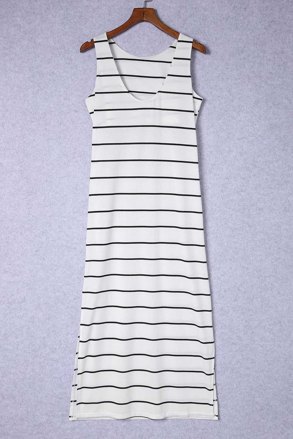 White Stripe Print Open Back Sleeveless Maxi Dress with Slits-4