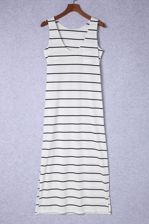 White Stripe Print Open Back Sleeveless Maxi Dress with Slits-4