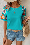 Turquoise Floral Crochet Short Sleeve Top-0