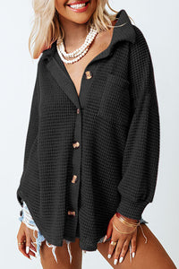 Black Waffle Knit Button Up Casual Shirt-0