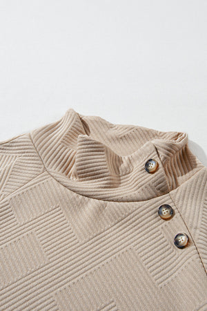 Apricot  Asymmetric Buttons Detail High Neck Textured Sweatshirt-5