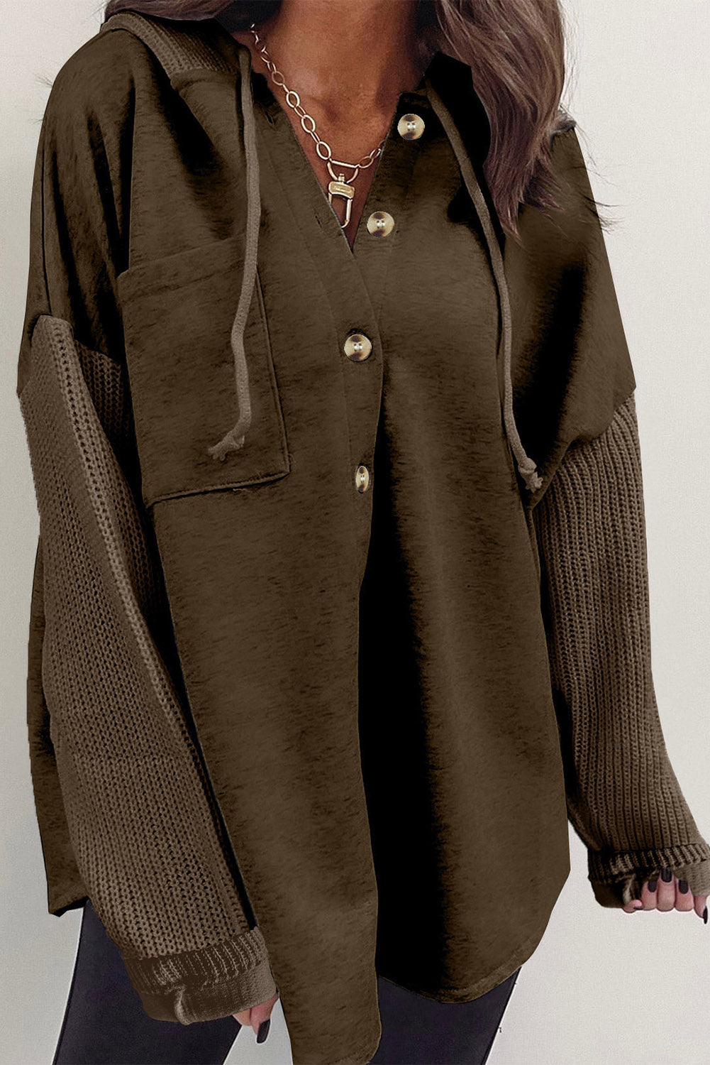 Dark Brown Button Up Contrast Knitted Sleeves Hooded Jacket-0