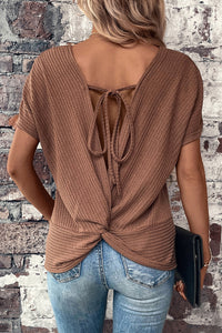 Brown Lace-up Open Back Waffle Knit Short Sleeve T Shirt-0