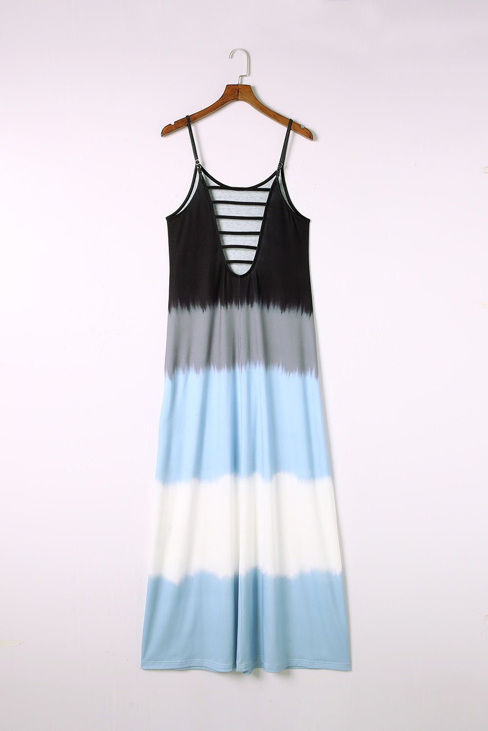 Sky Blue Spaghetti Strap Tie Dye Slit Maxi Dress-8