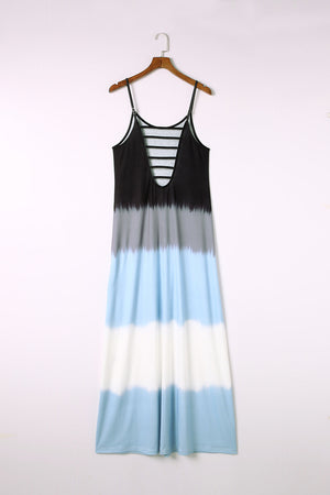 Sky Blue Spaghetti Strap Tie Dye Slit Maxi Dress-8
