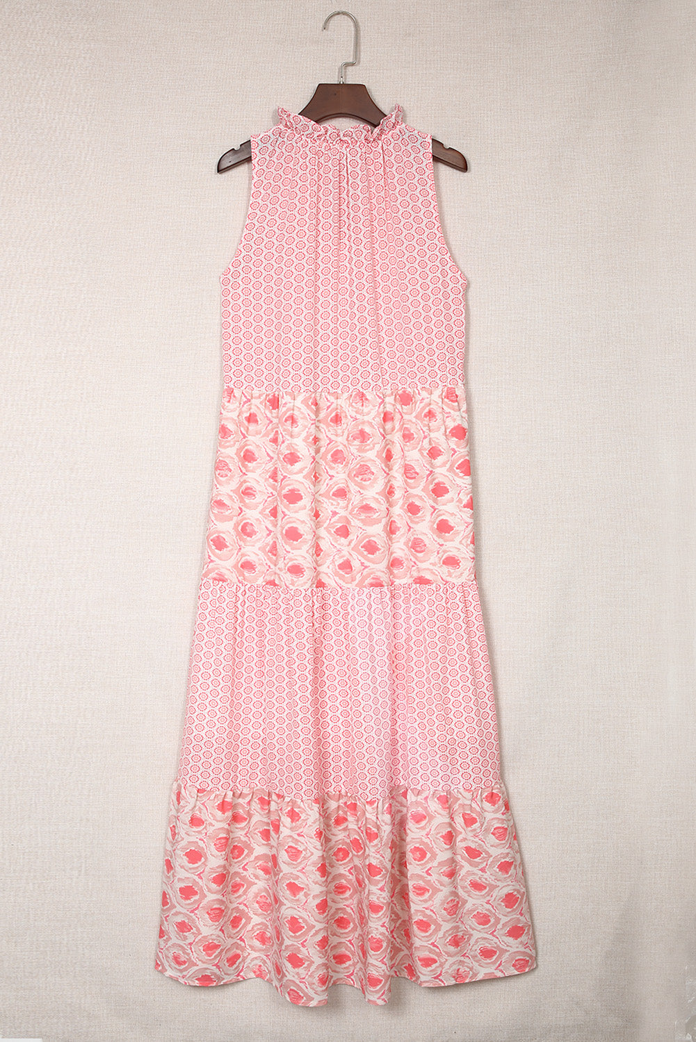 Pink Abstract Print Split Neck Sleeveless Maxi Dress-15