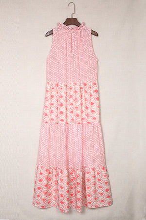 Pink Abstract Print Split Neck Sleeveless Maxi Dress-15