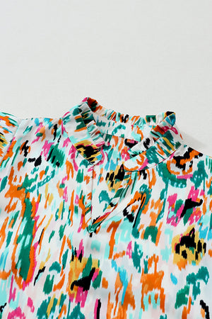 Multicolor Abstract Print 3/4 Puff Sleeve Ruffle Blouse-10