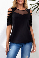 Black Fishnet Splicing Strappy Cutout Shoulder Sleeve Top-0