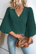 Blackish Green 3/4 Pleated Bell Sleeve V Neck Blouse-5