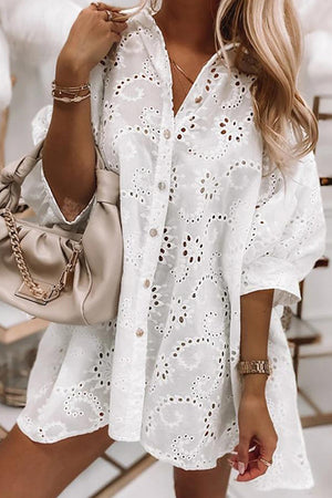 White Eyelet Floral Pattern Shirt Babydoll Dress-2