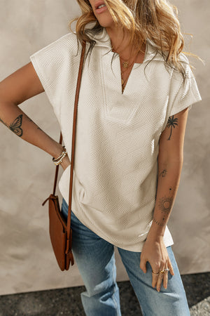 Apricot Textured V Neck Collared Short Sleeve Top-2