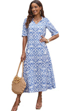 Sky Blue V Neck Casual Geometric Print Maxi Dress-17