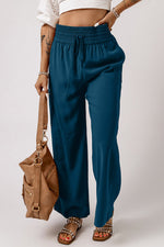 Blue Drawstring Elastic Waist Casual Wide Leg Pants-4