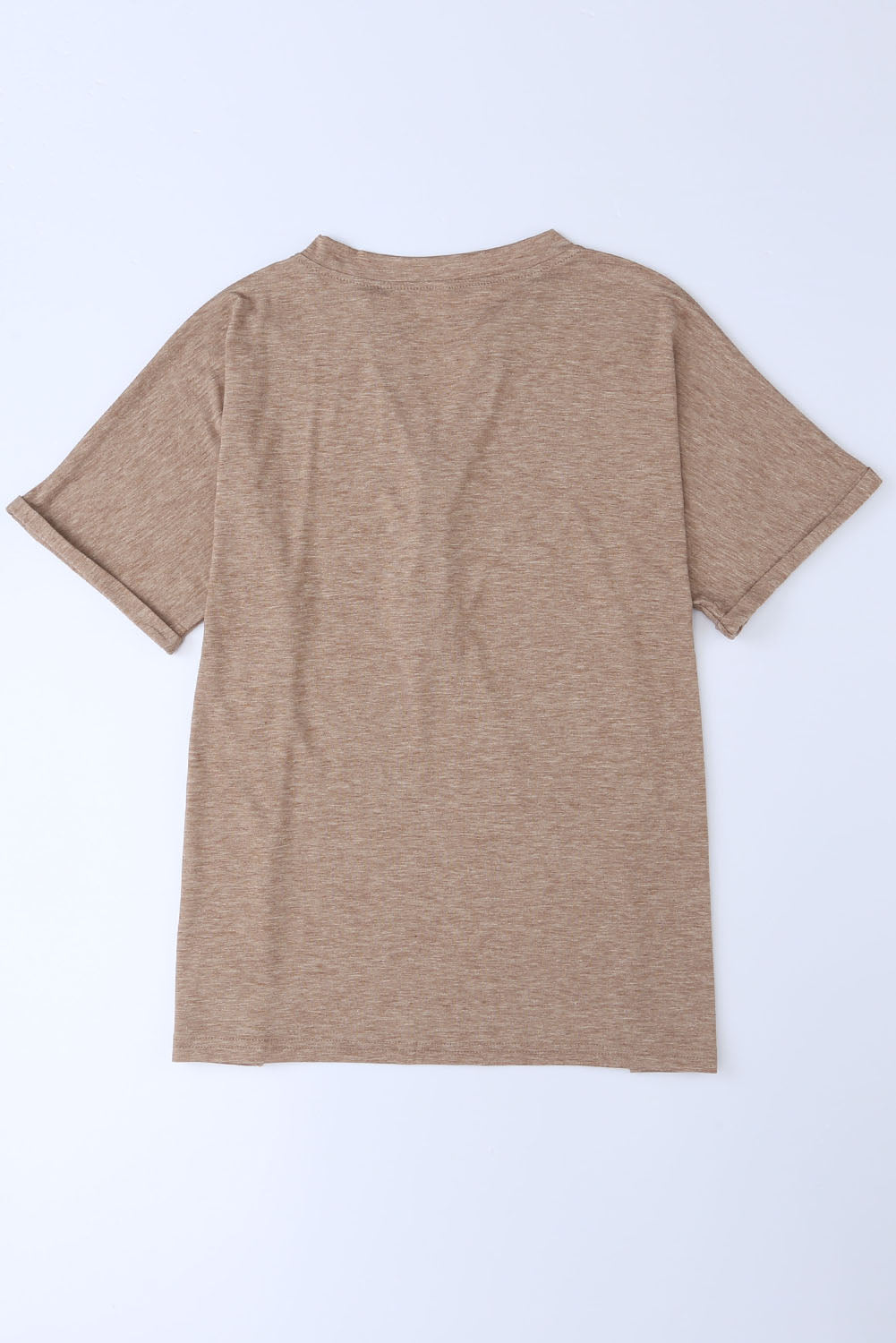 Khaki Button V Neck Rolled Short Sleeve T Shirt-7