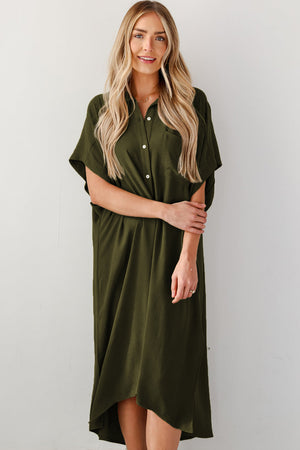 Jungle Green Loose High Low Side Slits Short Sleeve Shirt Dress-5
