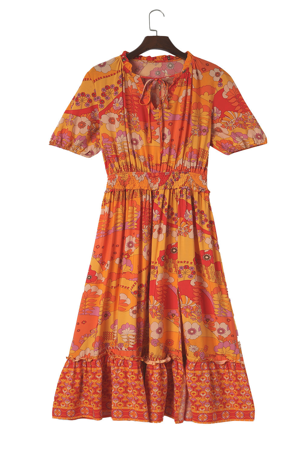 Orange Boho Floral Smocked Waist Maxi Dress with Slit-13
