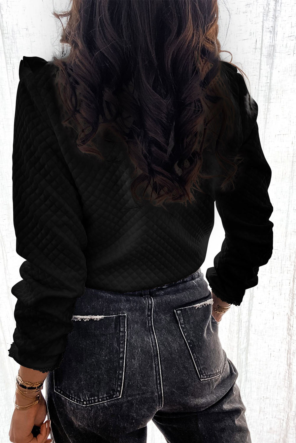 Black Quilted Ruffled Buttons Crew Neck Shirt-1