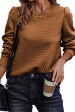 Brown Solid Color Quilted Puff Sleeve Pullover Sweatshirt-3