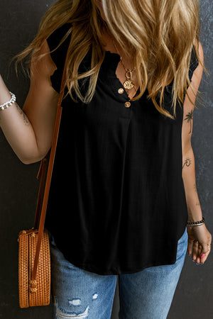 Black Button Split Neck Ruffled Trim Tank Top-3