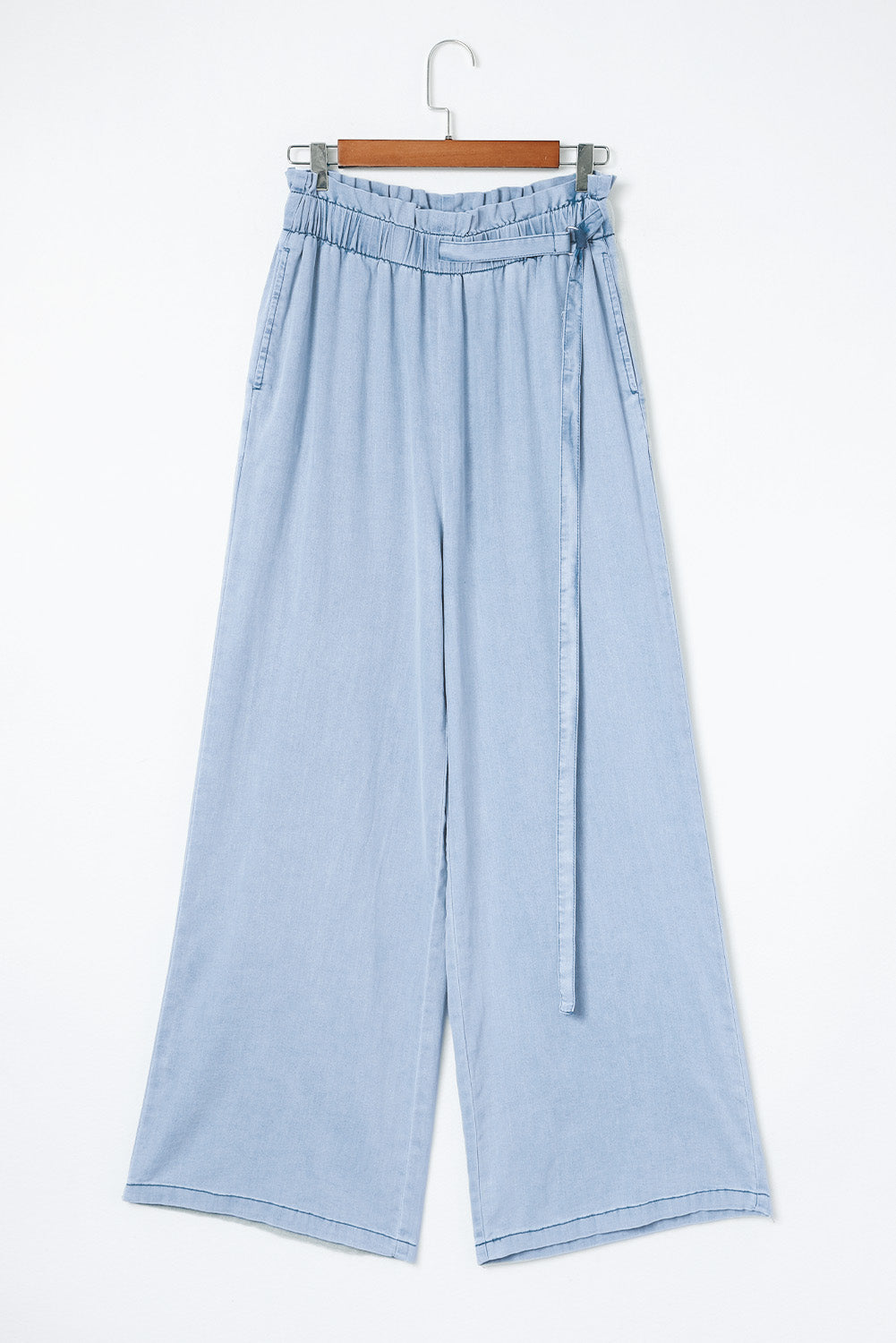 Sky Blue High Waist Pocketed Wide Leg Tencel Jeans-5