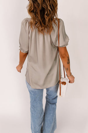 Khaki Split Frill Neck Puff Sleeve Blouse-4
