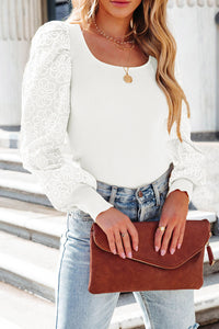 White Flower Puff Sleeve Ribbed Knit Top-0