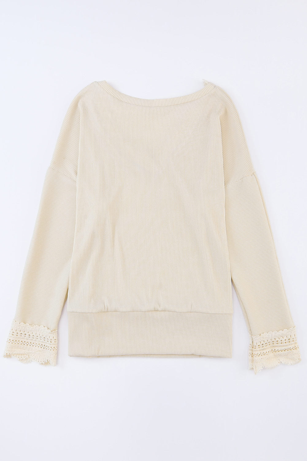 Apricot Ribbed Texture Lace Trim V Neck Long Sleeve Top-11