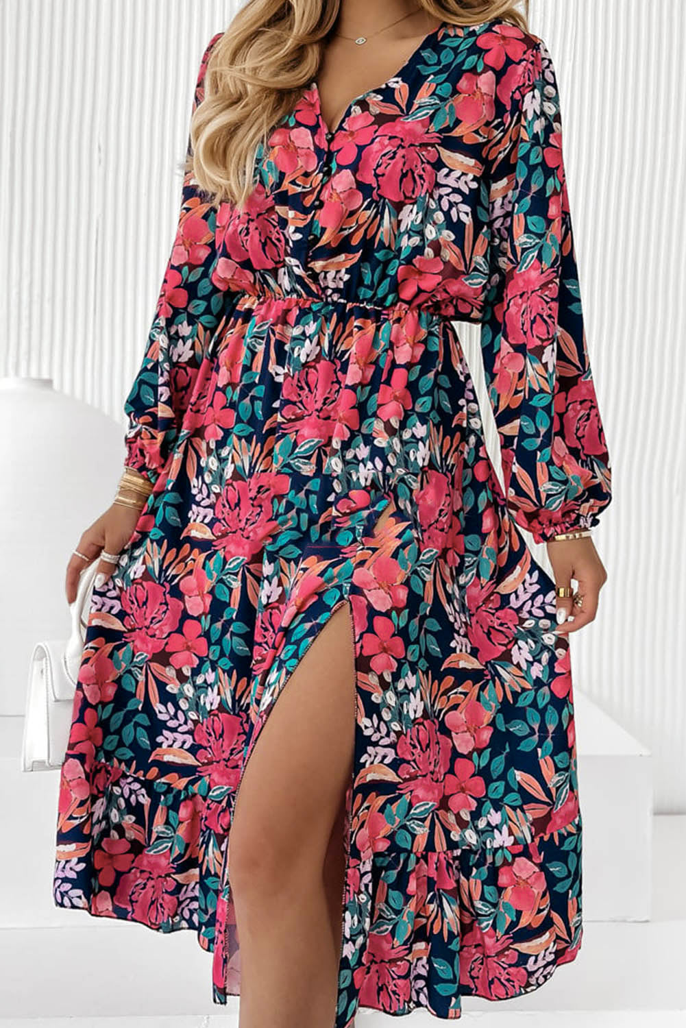 Red V Neck Elastic High Waist Split Floral Dress-0