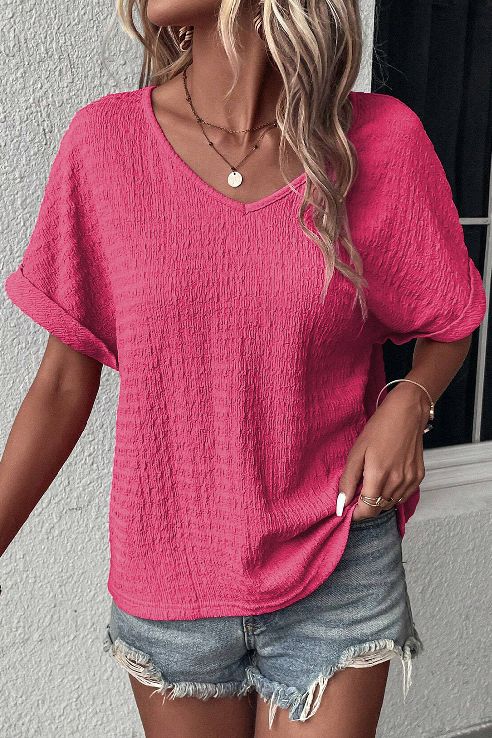 Bright Pink Textured Rolled Sleeve V Neck Tee-4