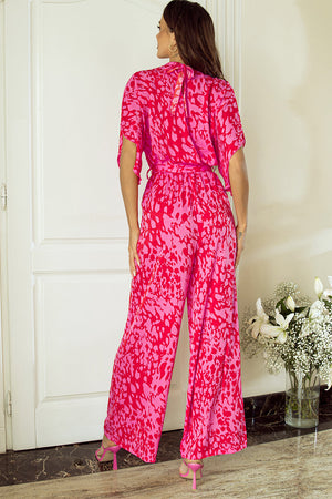 Rose Leopard Loose Sleeve Belted Wide Leg Jumpsuit-1