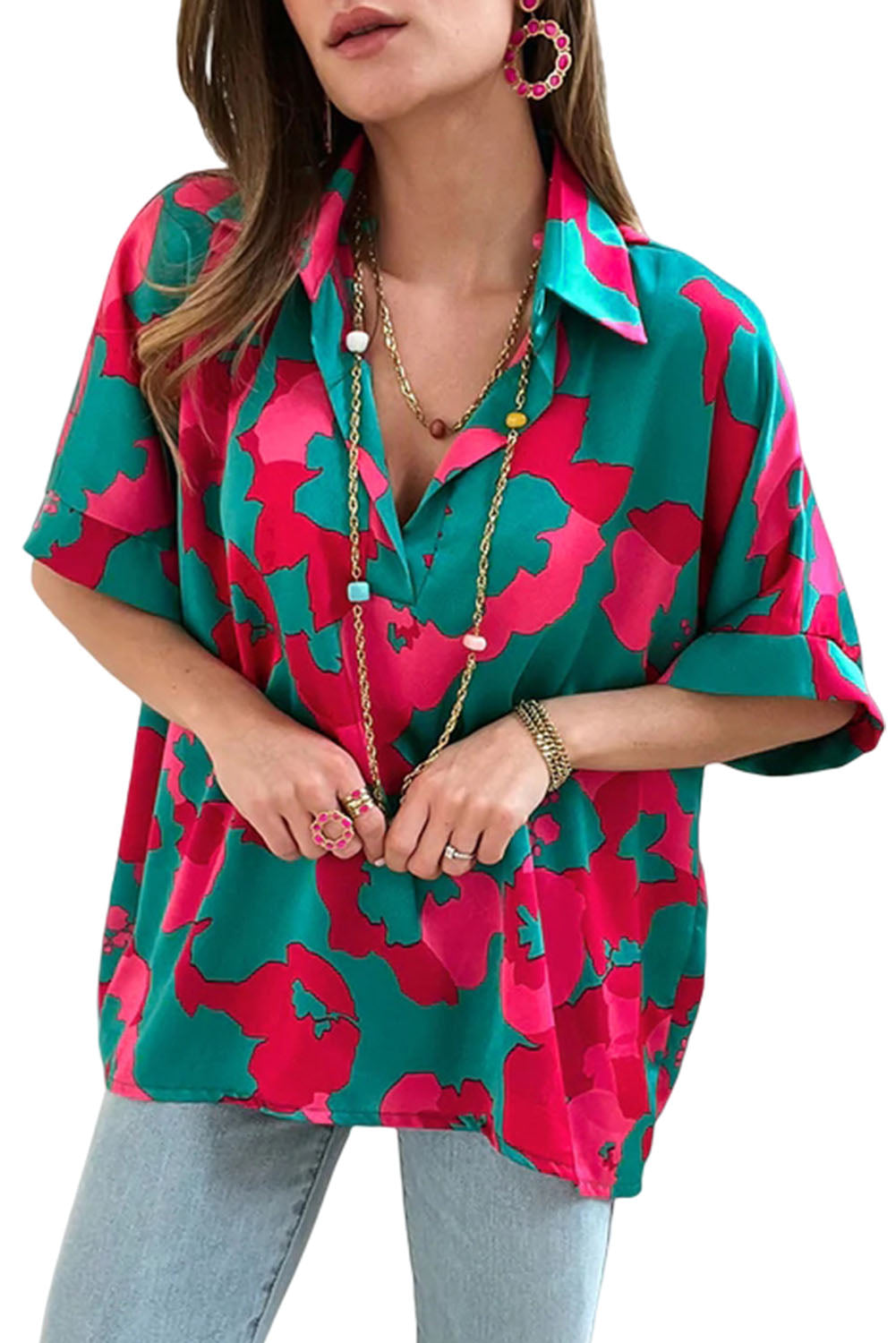 Green Abstract Print V Neck Blouse-6