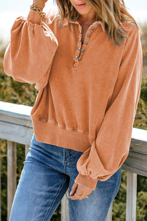 Orange Washed Snap Buttons Lantern Sleeve Pullover Sweatshirt-2