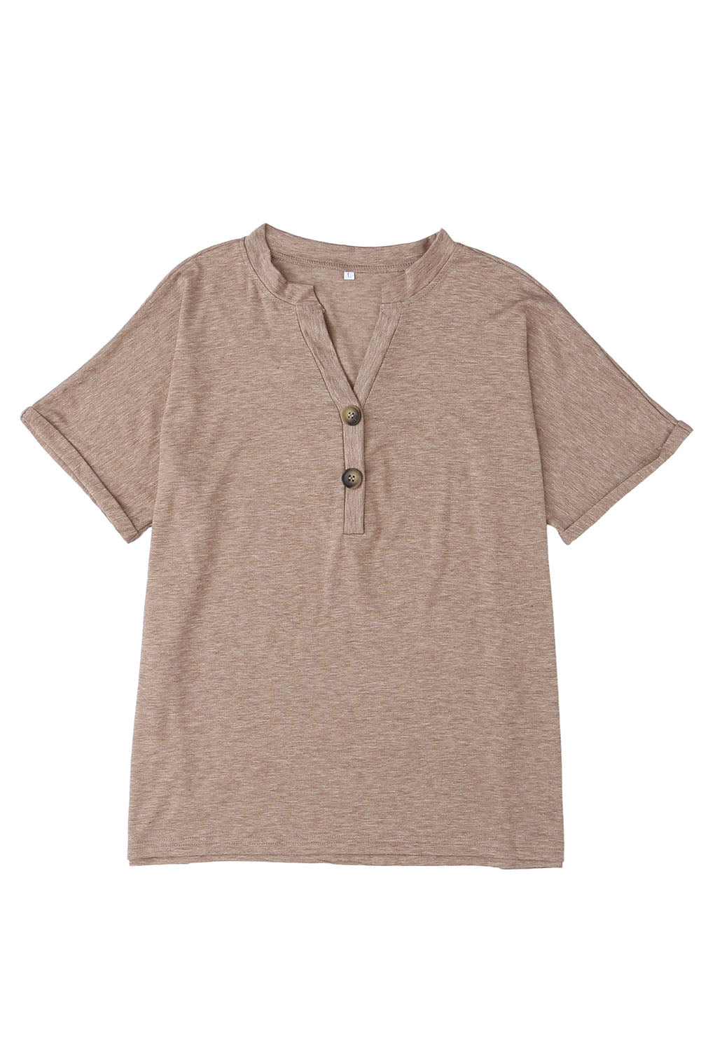 Khaki Button V Neck Rolled Short Sleeve T Shirt-13