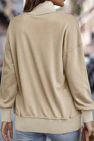 Khaki Ribbed Hem Snap Button Neckline Sweatshirt with Pocket-7