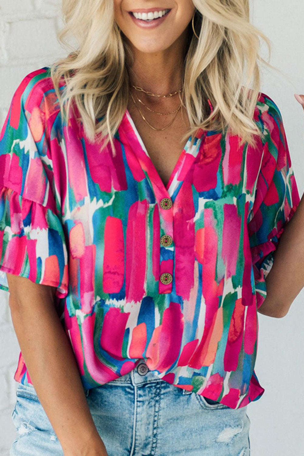 Rose Abstract Brushwork Print Buttoned V Neck Blouse-0