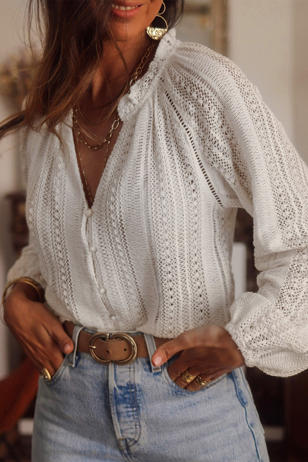V-Neck Long Sleeve Button Up Lace Shirt-2