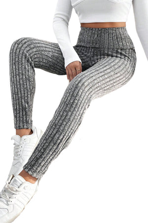 Gray Wide Waistband Ribbed Textured Knit Leggings-11